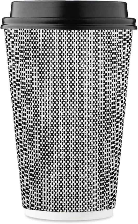 [85 SET]Harvest Pack 16 oz Disposable Coffee Cups, Insulated Ripple Double-Walled Paper Cups with Lids, Black and White Geometric, Drinking Cups for Tea Hot Chocolate Drinks To go coffee cups