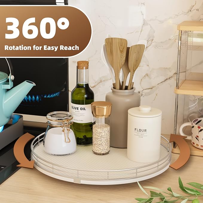 13" Lazy Susan Turntable Organizer for Table Top, Round Wooden Lazy Susan for Cabinet Kitchen Decor Centerpieces Coffee Table, Storage Condiments Spices, Bathroom Vanity Tray for Soap, White - Image 3