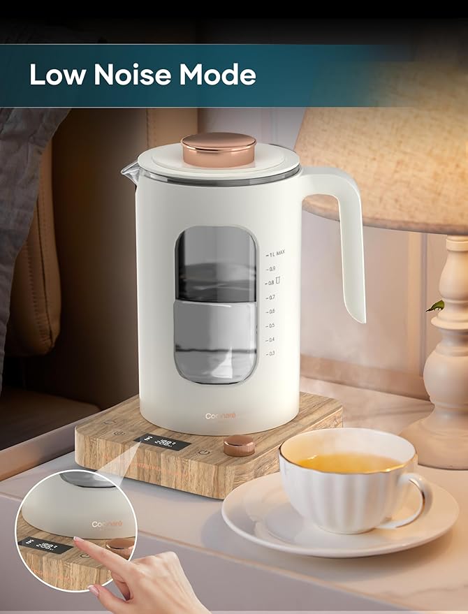 Electric Tea Kettle, Electric Kettle with Tea Infuser, ±1℉ Knob Temperature Control, BPA-Free Glass, 1200W Fast Heating, Easy to Clean, 1 Liter (Cream White)