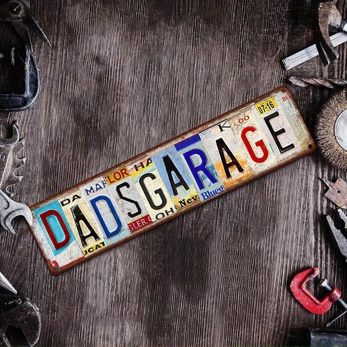 Vintage License Plate DADS GARAGE Sign – 16x4 Inch Rustic Tin Wall Décor for Workshop, Home Garage, Man Cave, Tool Shed or Father's Day Gift - Image 6