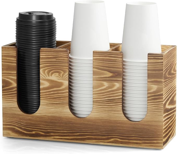 Wooden Coffee Cup and Lid Organizer for Countertop, 3 Compartments Cup Holder Dispenser, Fits 16–24 oz Disposable Cups, Coffee Bar Cup Organizer, Breakroom Kitchen Counter Cup Holder by Unknown