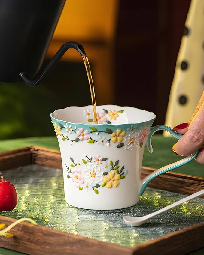 12oz Embossed Floral Ceramic Coffee Mug – Handcrafted Cottagecore Cup with Blue-Green Heart Handle and Wavy Rim, Dishwasher & Microwave Safe, Romantic Gift Mug for Her