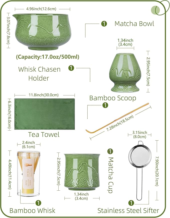 ZENS Matcha Whisk Set, 7pcs Matcha Set Includes Emerald Green Bowl and Matcha Cup, Bamboo Whisk & Scoop, Chasen Holder, 304 Sifter, Tea Mat, Matcha Kit for Latte Making