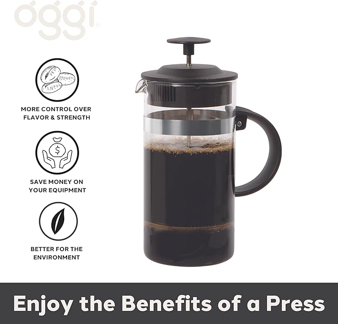 Oggi Triple Mesh Filter French Press Coffee Maker (34 fl oz)- 8 Cup / 1 lt Capacity, Coffee Press, Single Serve Coffee Maker, Stainless Steel Lid & Plunger, Make Great Coffee Gifts, Black