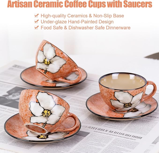 8 Oz Floral Porcelain Cappuccino Cups with Saucers Set of 4, Stoneware Tea Coffee Mugs for Home Kitchen & Office, Dishwasher Microwave Oven Safe, for Espresso, Latte, Americano, Milk & Tea, Pink