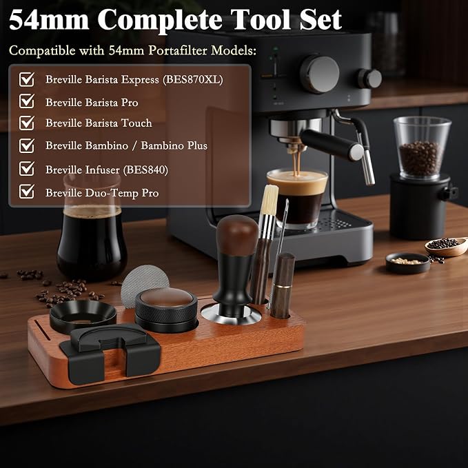 8 PCS Espresso Accessories Kit, 54mm Espresso Tamper Kit Coffee Tamper Set with Coffee Distributor, Espresso Tamping Station, Espresso WDT Stirrer,Dosing Funnel, Fits Breville 54 mm Portafilter - Image 2