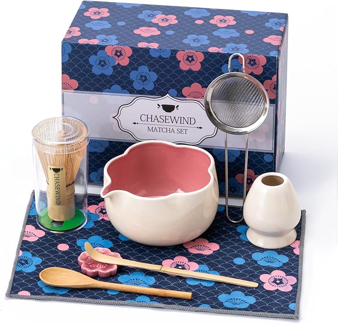 Matcha Set, 8Pcs Floral Ceramic Matcha Kit with Matcha Whisk, Holder, Scoop, Scoop Rest, Sifter, Spoon and Tea Towel - Thoughtful Matcha Whisk Set Gift for Matcha Lovers (Beige & Pink)