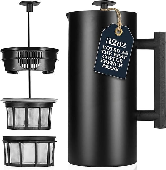 ESPRO P6 32 Ounces French Press Coffee Maker, Double Walled Stainless Steel Insulated, Matte Black