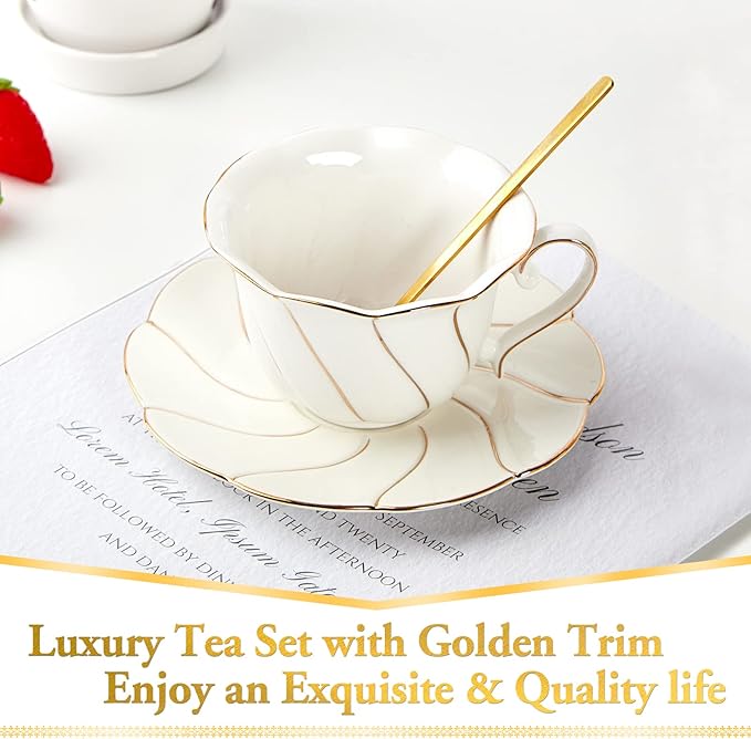 FUNLIO DUJUST Porcelain Tea Cup & Saucer Set, Luxury British Style, Golden Trim, Perfect for Living Room Decoration & Tea Party, Includes Tea Spoon