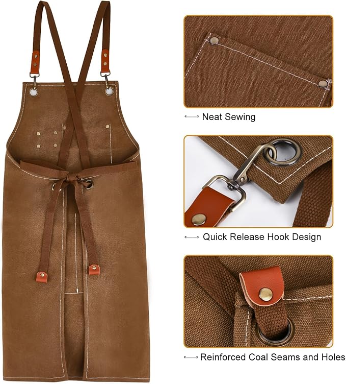 APRONPANDA Cross-Back Chef Aprons for Men Women with Pockets,Cotton Canvas Adjustable Cooking Work Apron for Kitchen