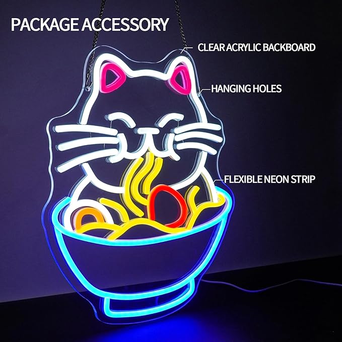 Fortune Cat Ramen Neon Sign Dimmable Lucky Cat Neon Light Sign for Wall Decor Japanese Noodles Led Signs for Home Kitchen Restaurant Bar Party Business Decor Gift 12.6" x 15"