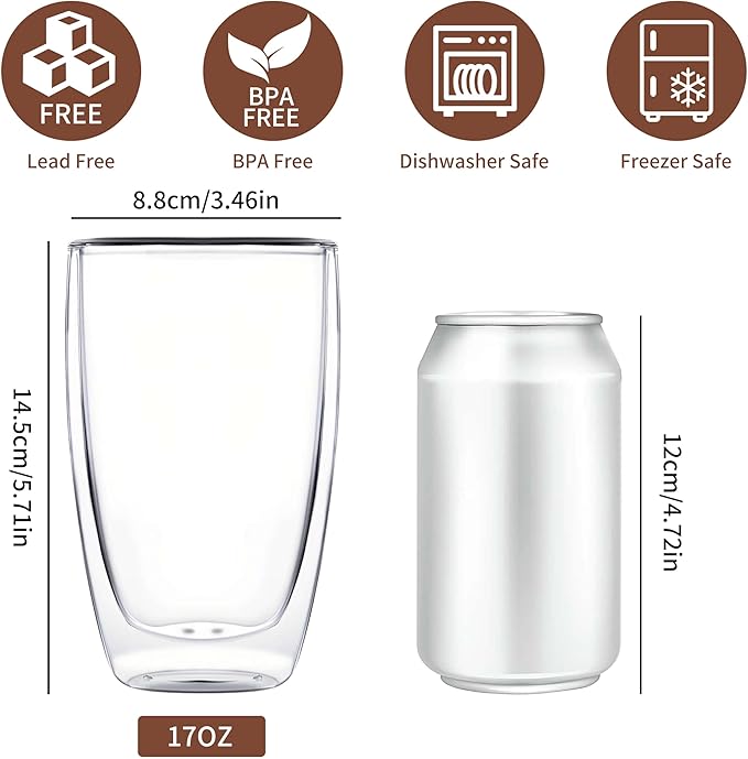 MESNEY 17oz Double Walled Glass Coffee Mugs, Glass Coffee Mugs Set of 2, Insulated Clear Cappuccino Latte Mugs for Home, Cafe & Restaurant, Durable Stackable Drinking Glasses