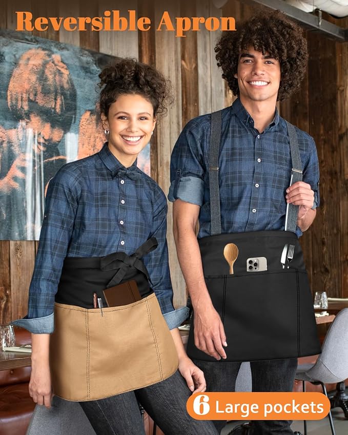 Slohif Reversible Server Apron 6 Pockets - Waist Apron for Waitress Women Half Serving Short Apron for Waiter - Image 3