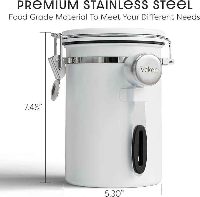 Veken Coffee Canister with Window, Easter Gifts Airtight Stainless Steel Container with Lids, Home Kitchen Food Storage Jars for Grounds, Beans, Tea, Flour, Cereal, Sugar, Basket, Scoop, 22OZ, White