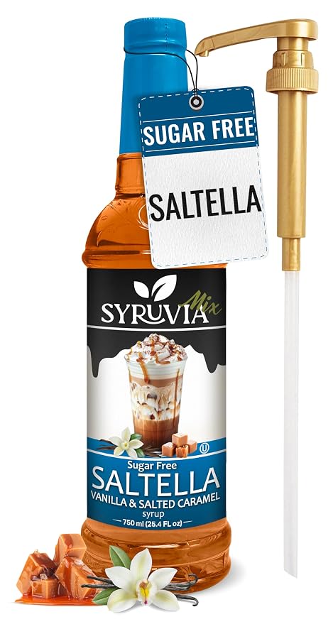 Syruvia Sugar Free Coffee Syrup, SALTELLA Syrup, Vanilla Salted Caramel Flavored Syrup for Drinks, Lattes, and Desserts – 25.4 fl oz, With Pump by SYRUVIA