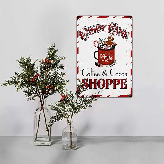 Candy Cane Coffee And Cocoa Shoppe Metal Tin Sign Farmhouse Christmas Decorations Vintage Retro Poster For Coffee Bar Home Cafe Wall Decor Art Winter Decoration Hanging Plaque 8 X 12 Inch - Image 5