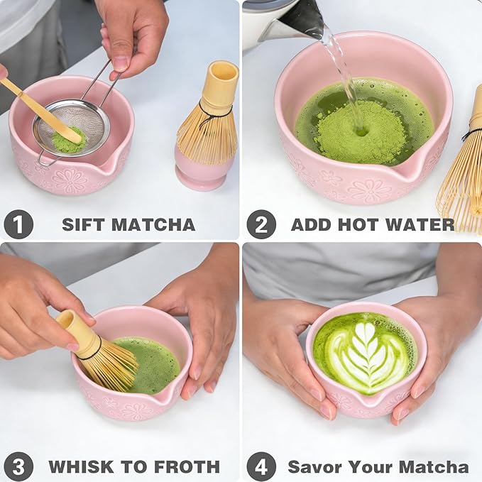 Matcha Whisk Set, Pink Ceramic Matcha Making Kit with Traditional Bamboo Whisk, Matcha Bowl, Scoop, Sifter and Stand, Authentic Japanese Style Matcha Set for Perfect Homemade Matcha Tea