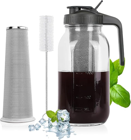 Cold Brew Coffee Maker - 64 Oz Heavy-Duty Glass Mason Jar Pitcher with Stainless Steel Filter, Leak-Proof Lid, Ergonomic Handle & Precision Pour Spout – Ideal for Iced Coffee, Tea, Cold Brew (Black)