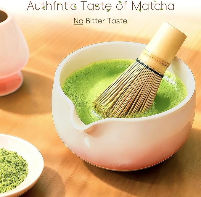 Matcha Whisk Set, Ceramic Matcha Set Includes Bowl & Holder, Bamboo Whisk (Chasen), Scoop, Spoon and Sifter, 6PCS Matcha Kit Covers Everything Needed for Making Matcha (Pink)