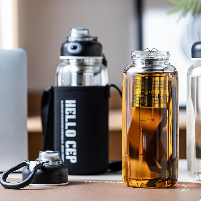 Snminetal 34oz Glass Water Bottle with Capacity Mark & Sleeve, BPA-Free Tea Bottle with Infuser for Hot & Cold Drinks, Tea, Coffee and Water for Gym, Home & Office