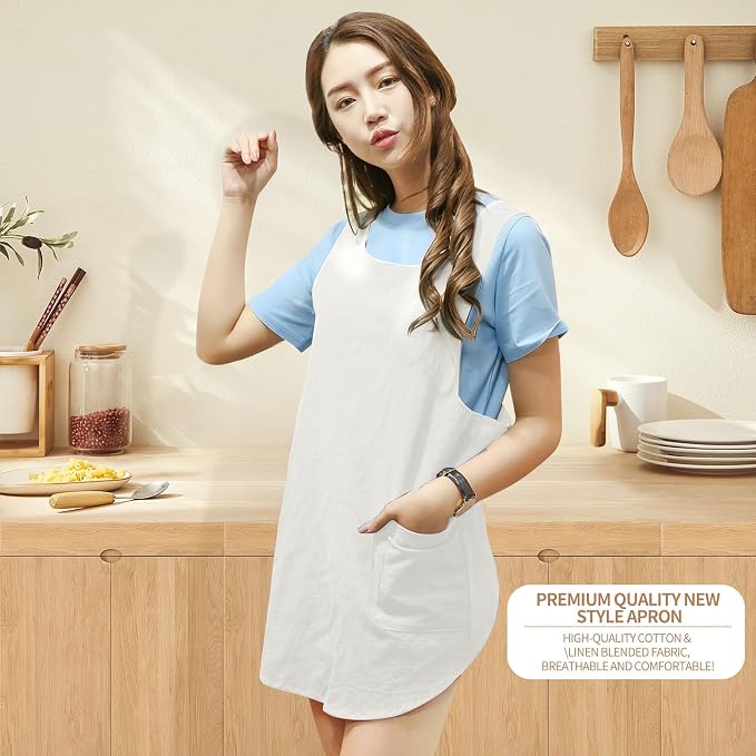 Shortened Design Apron, Japanese Style Soft Cotton Linen Apron with Two Side Pockets, X Cross Halter Aprons, Kitchen Cooking Clothes Gift for Women DIY Project, Crafting, Cooking, Baking(White) - Image 2