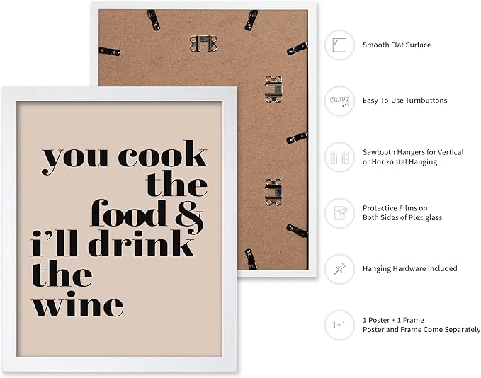 Poster Master Minimalist Poster - Funny Print - You Cook The Food, I'll Drink The Wine, Joke, Humorous, Unique - Gift for Artist, Friend - Wall Decor for Kitchen, Bar, Pub, 11x14 White Framed