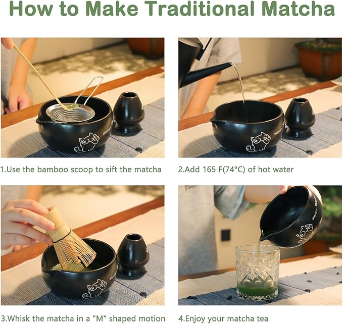 Matcha Whisk Set Black, Traditional Matcha Tool Set Kit Cat Design Ceramic Chawan Bowl and Bamboo Whisk Gift for Women Friend Tea Lover