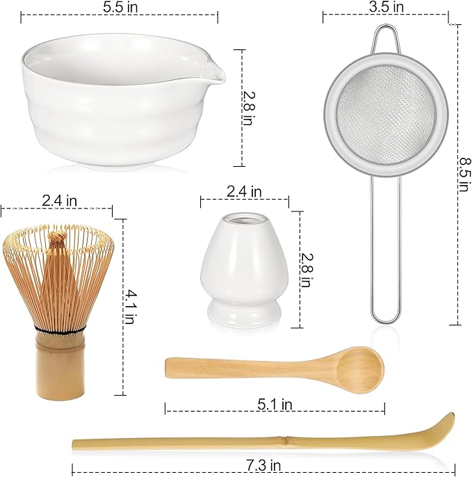Matcha Whisk Set, Matcha Bowl with Spout, 18oz Ceramic Matcha Tea Bowl (Chawan), Bamboo Matcha Whisk & Spoon, Chasen Holder, Sifter, Japanese Ceremony Matcha Powder Kit, Gift for Women