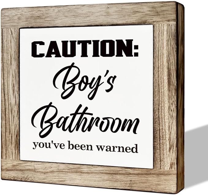 Funny Boys Bathroom Sign, Caution Boys Bathroom, Wooden Box Signs for Home Decor, Modern Farmhouse Bathrooms Decors Tabletop, Housewarming Decor, Bathrooms Box Sign B6-108 by MLTEye