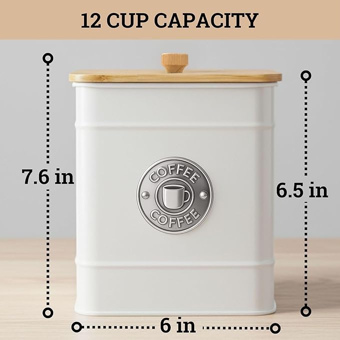 Airtight Coffee Canister - 40 oz Large Iron White Coffee Container Airtight - 6 x 8 inch Metal Jar - Stylish Countertop Container for Grounds, Beans, Pods & More with Rubber-Lined Bamboo Lid