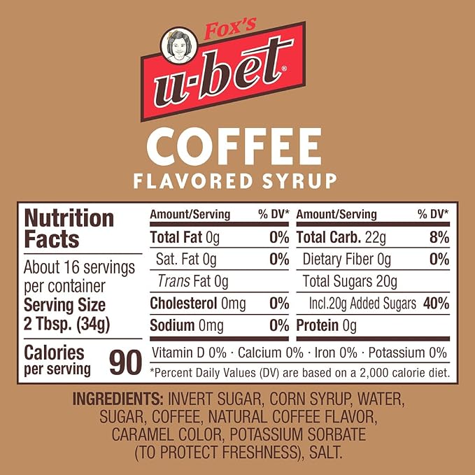 FOX’S U-BET Syrup Bottle – Brooklyn Original Since 1900, Thick, No High Fructose Corn Syrup, Kosher Certified, Fat Free, For Egg Creams, Coffee, Milkshakes & Desserts, 20 oz (1-Pack, Coffee) - Image 2