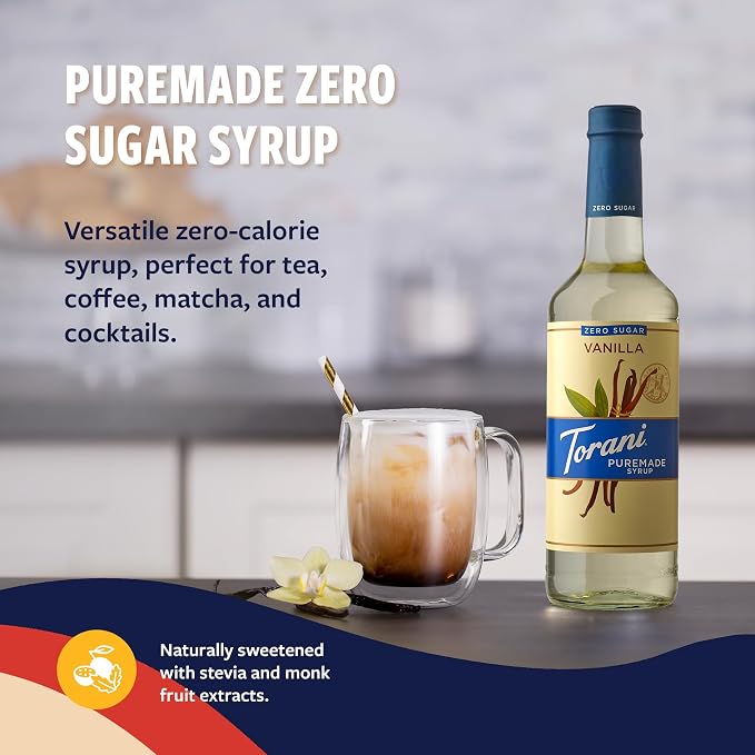 Torani Zero Sugar Puremade Syrup, Vanilla Flavoring for Drinks, Non-GMO, Glass Bottle with Pump Included, 25.4 Fl Oz - Image 4