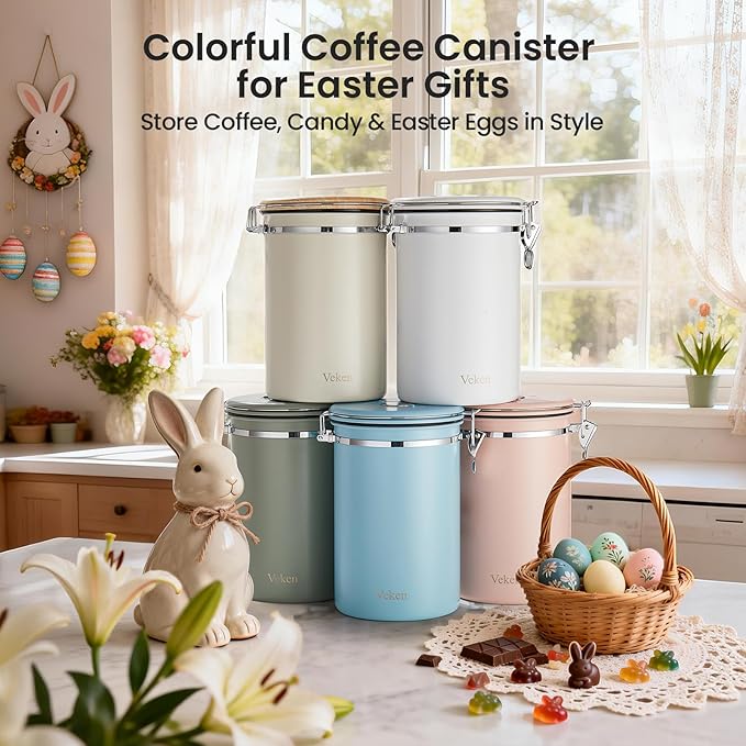 Veken Coffee Canister, 39OZ Large, Airtight Stainless Steel Food Storage Container for 2.2lbs Coffee Beans, Ground, Sugar, Tea, Flour, Cereal, Kitchen Bar Accessories with Date Tracker & Scoop, White