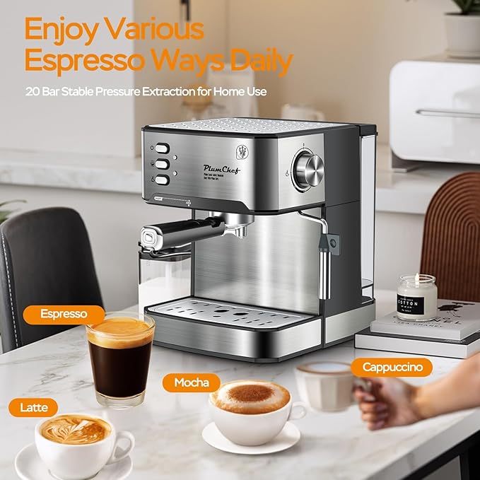20 Bar Professional Espresso Machine with Milk Frother, Dual Shot, ESE Pod Compatible, 54 OZ Removable Water Tank for Home Barista (Silver Black)