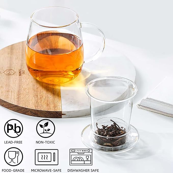 Lezero Glass Tea Cup with Strainer and Lid Gift Kit, Borosilicate Infuser Mugs with Filter for Blooming & Loose Leaf Tea, Heat Resistance, Lead-free, Microwave & Dishwasher Safe, 17oz