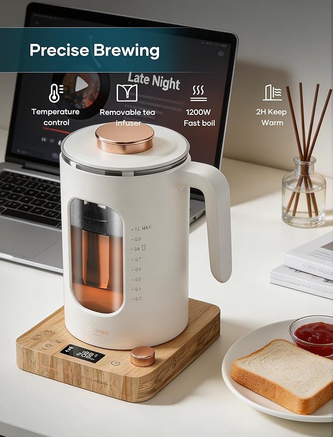 Electric Tea Kettle, Electric Kettle with Tea Infuser, ±1℉ Knob Temperature Control, BPA-Free Glass, 1200W Fast Heating, Easy to Clean, 1 Liter (Cream White)