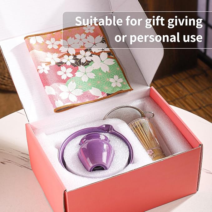8-Piece Matcha Ceremony Set - Tea Kit with Cherry Blossom Bowl, Bamboo Whisk, Wood Scoops, Tea Cloth & Floral Display - Gift-Ready Pink Cherry color box (Purple;)