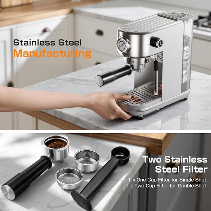 Espresso Machine, 20 Bar Compact Espresso Coffee Machine with Milk Frother, Stainless Steel Coffee Maker with 44oz Removable Water Tank & Fast Heat System for Cappuccino, Latte