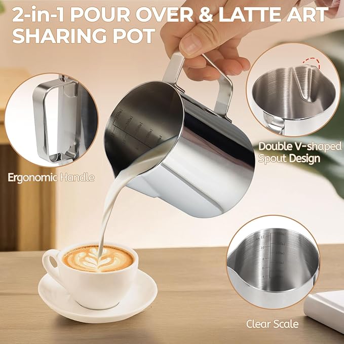 Pour Over Coffee Maker 350ml Milk Frothing Pitcher 304 Thickened Stainless Steel Drip Coffeemaker Set with 50pcs V60 Cone Paper Filters Hand Brew Dripper Carafe for Home Camping Travel 12oz