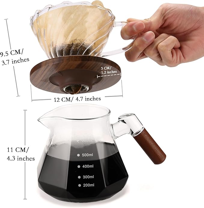 Pour Over Coffee Maker, 20 oz Borosilicate Glass Set with 100 pcs Paper Filter, Coffee Dripper with Walnut Collar, Coffee Pot with Glass Lid, 1-3 Cups, Clear, (600 ml)