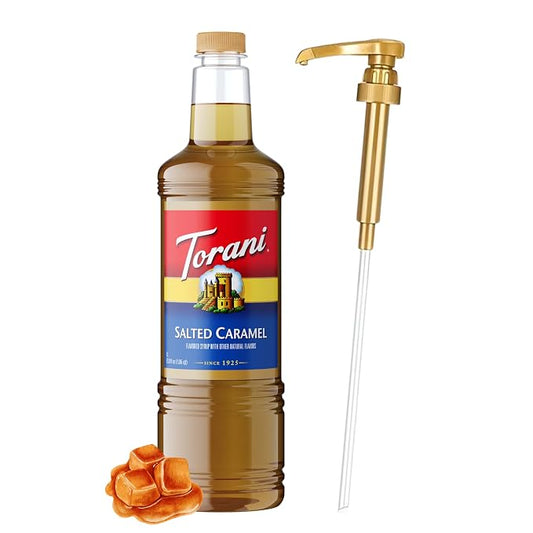Torani Salted Caramel Flavoring Syrup 1 Liter Bottle with Pump Dispenser – Coffee Syrup for Lattes, Teas, Cocktails & Desserts – Premium Quality Flavored Syrup by Torani