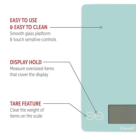 Escali Arti Glass Food Scale Digital Countertop Kitchen, Baking and Cooking Scale with Large Display, 15-Pound Capacity, 9" x 6.5" x .75", Classic Teal