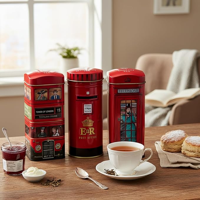 New English Teas British Souvenir 3x Tea Tins with 42 English Breakfast Teabags - Post Box, London Bus, Telephone Box, UK Foods
