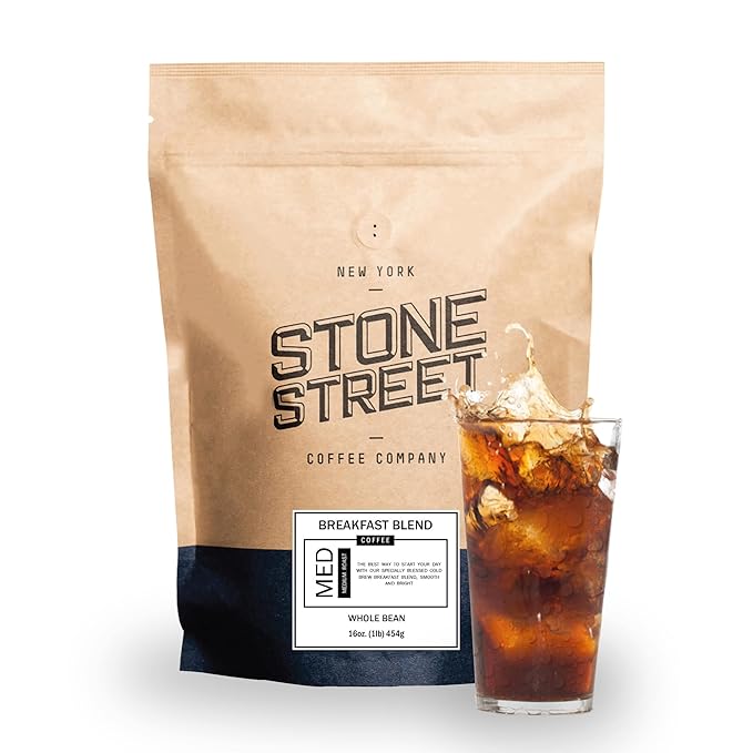Stone Street Cold Brew Coffee, Low Acid, 100% Arabica, Gourmet Coffee - Breakfast Blend, Medium Roast, Whole Bean, 1 LB