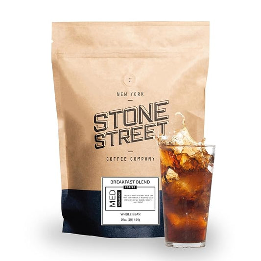 Stone Street Cold Brew Coffee, Low Acid, 100% Arabica, Gourmet Coffee - Breakfast Blend, Medium Roast, Whole Bean, 1 LB