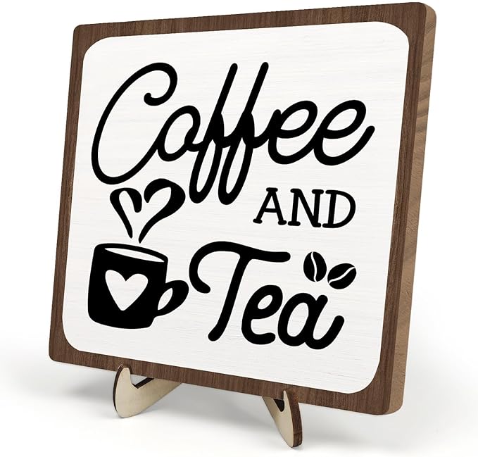 Coffee Bar Sign Plaque, Coffee Signs for Coffee Station, Vintage Coffee Sign Decor for Kitchen, Coffee Bar Accessories, Coffee Themed Gifts, Farmhouse Cafe Sign,Coffee & Tea Bar Decor Signs (White&Brown, 5.9x5.9inches)