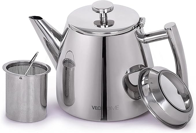 VeoHome Stainless Steel Tea Pot with Infuser - Keeps Heat Thanks to its Double Wall, Silver (0.5 Liter (17 oz))…