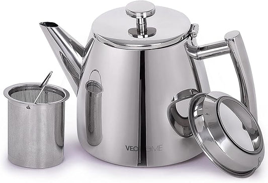 VeoHome Stainless Steel Tea Pot with Infuser - Keeps Heat Thanks to its Double Wall, Silver (0.5 Liter (17 oz))…