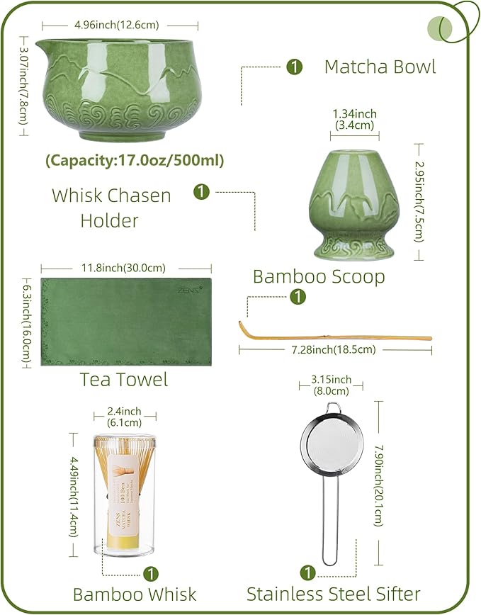 ZENS Matcha Whisk Set, 6Pcs Matcha Kit Set Includes Ceramic Bowl, Bamboo Whisk and Chasen Holder,Scoop, 304 Stainless Sifter & Tea Mat, Matcha Set for Tea Ceremony, Blue
