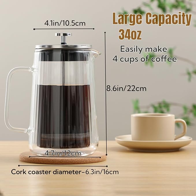 Glass French Press Coffee Maker 34oz, Double Wall Heat-Resistant Borosilicate Glass Coffee Press with Stainless Steel 4-Level Filtration, Also Fit for Tea